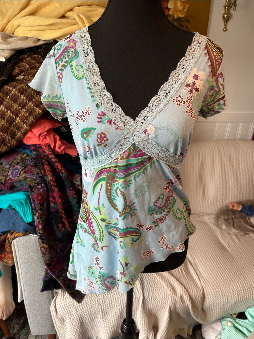 Y2K Size Medium Light Blue Sheer Paisley Lace-Trim Top